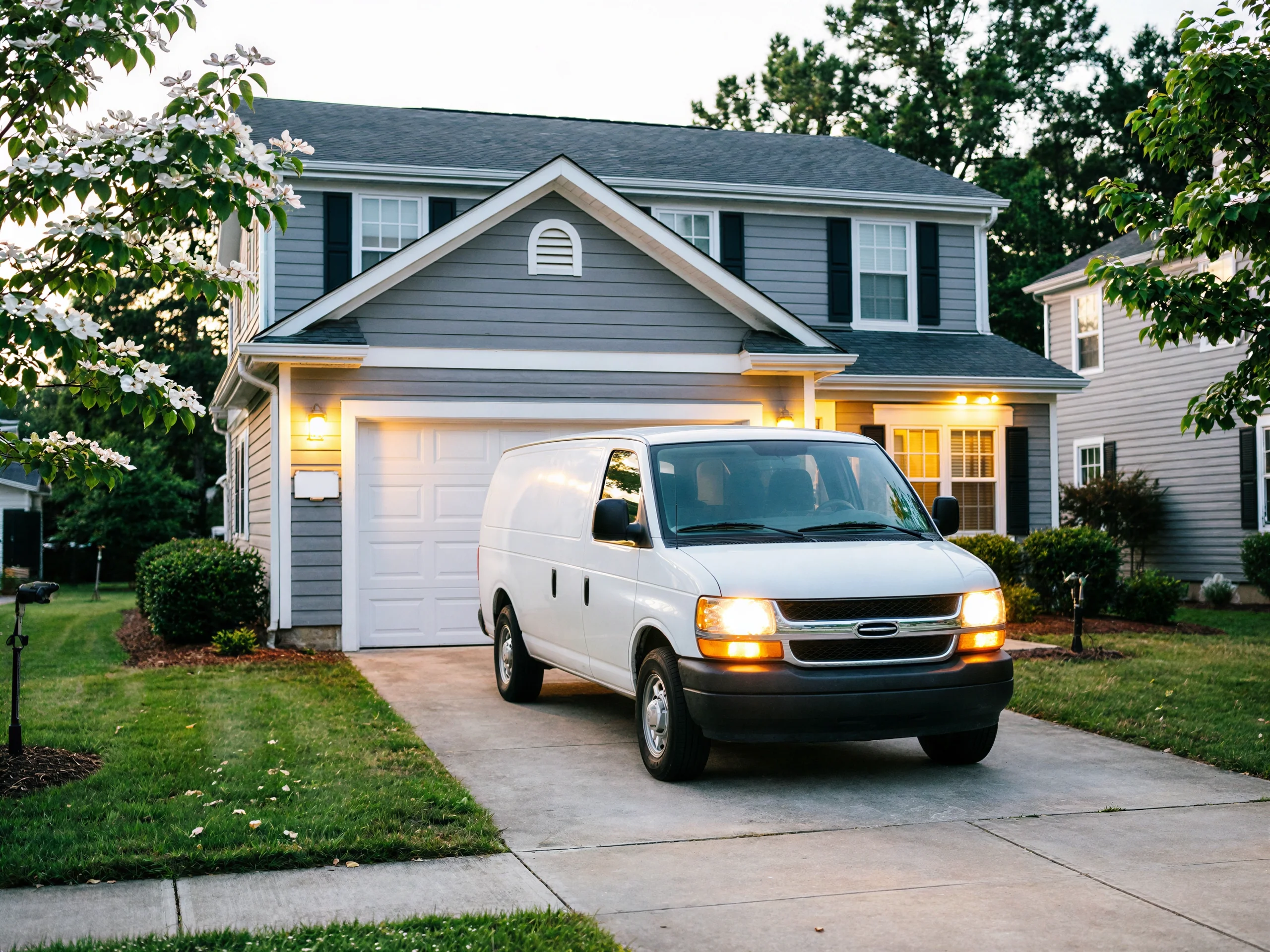A white service van is parked in a driveway in front of a house.