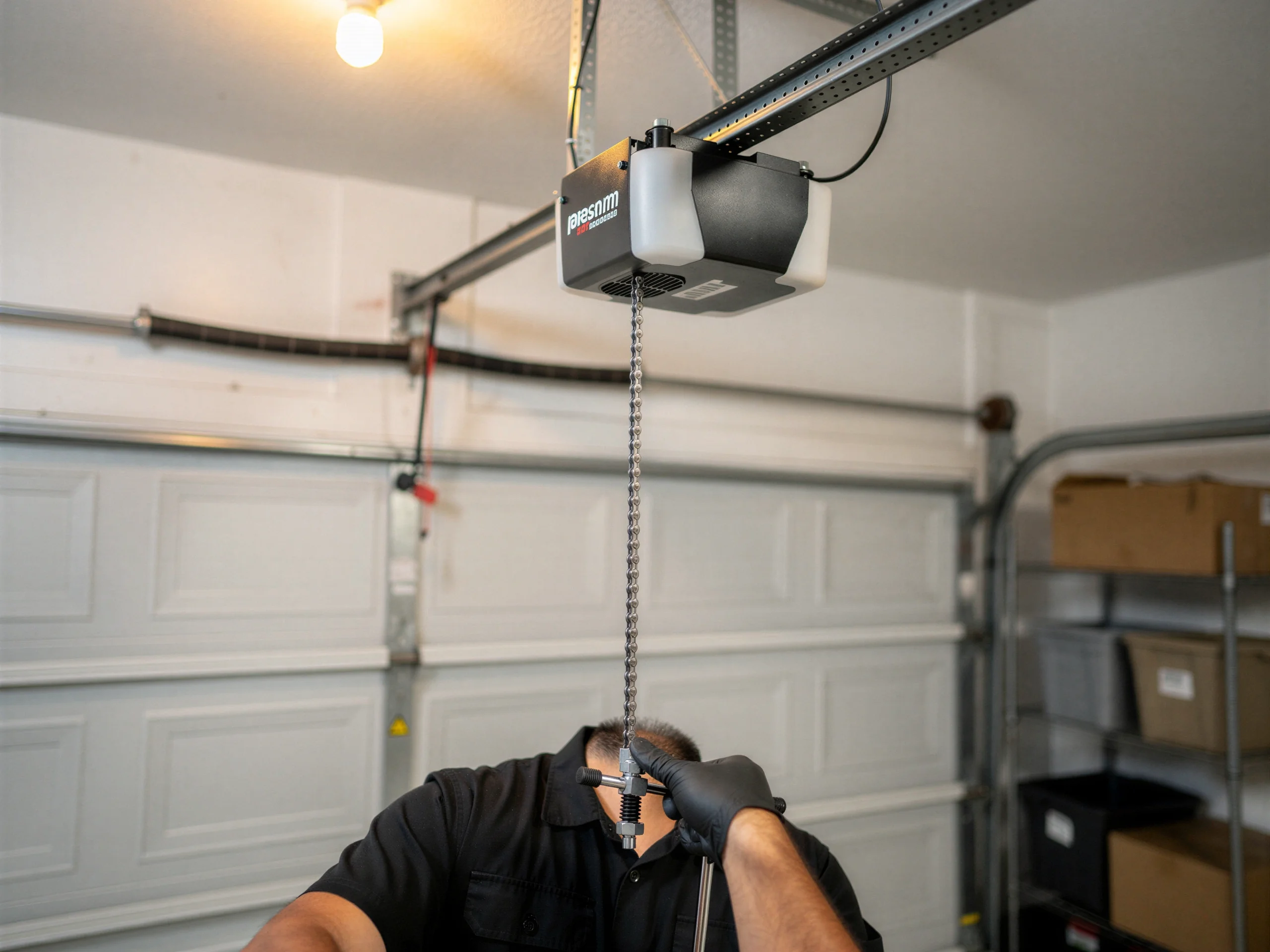 A technician in black gloves works on a garage door opener chain.