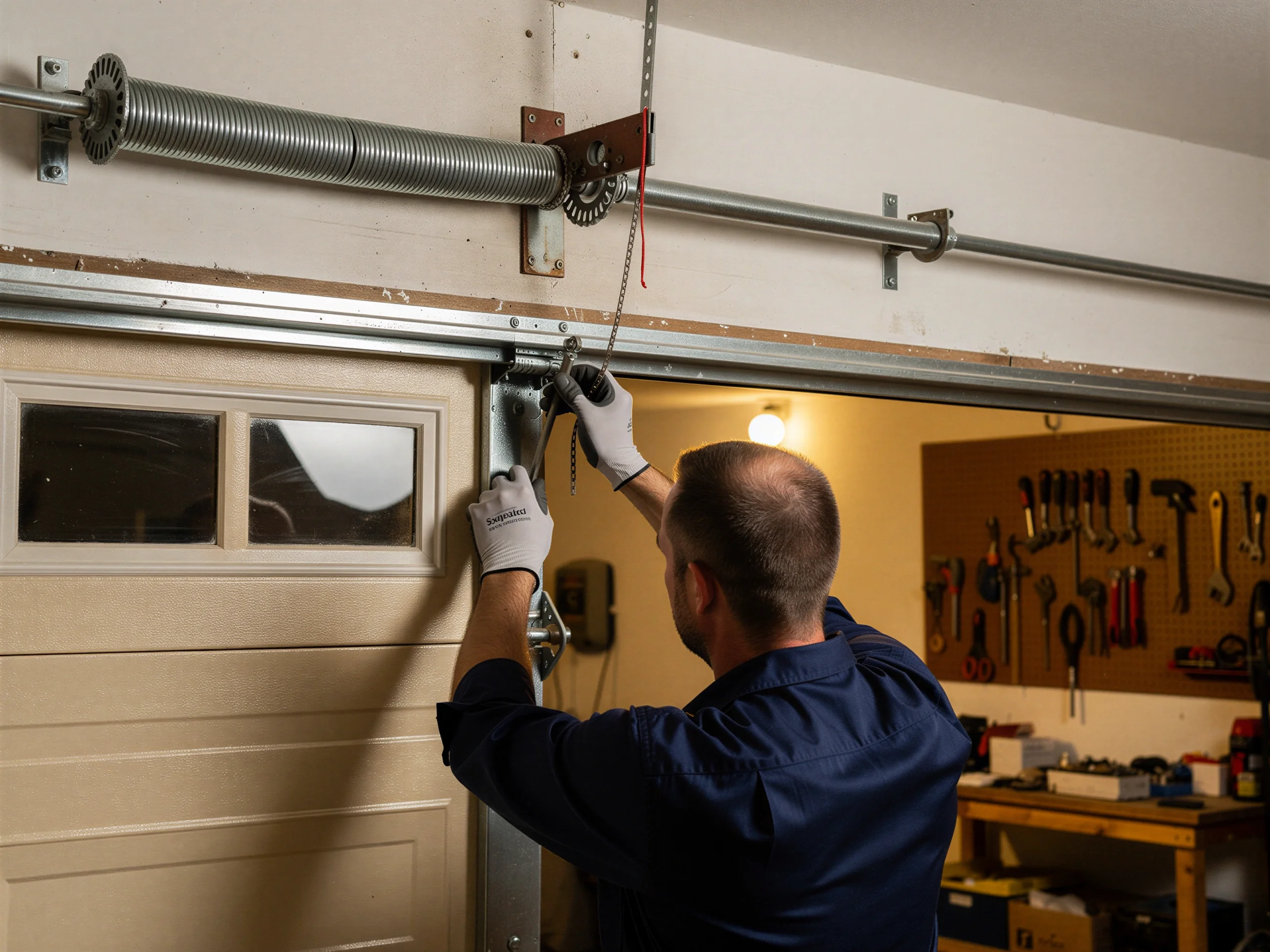 A technician works on a garage door with a torsion spring visible above.