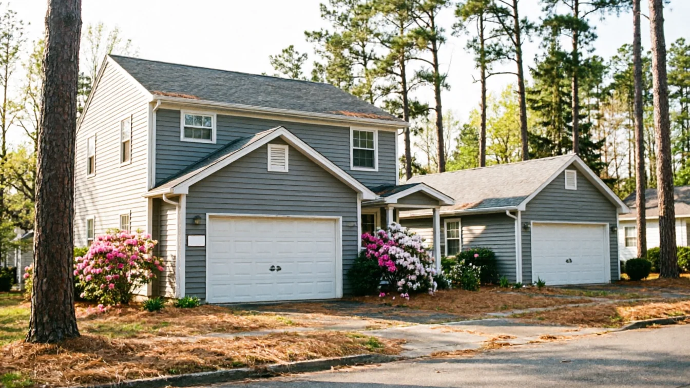 A gray house with two white garage doors and blooming bushes in front.